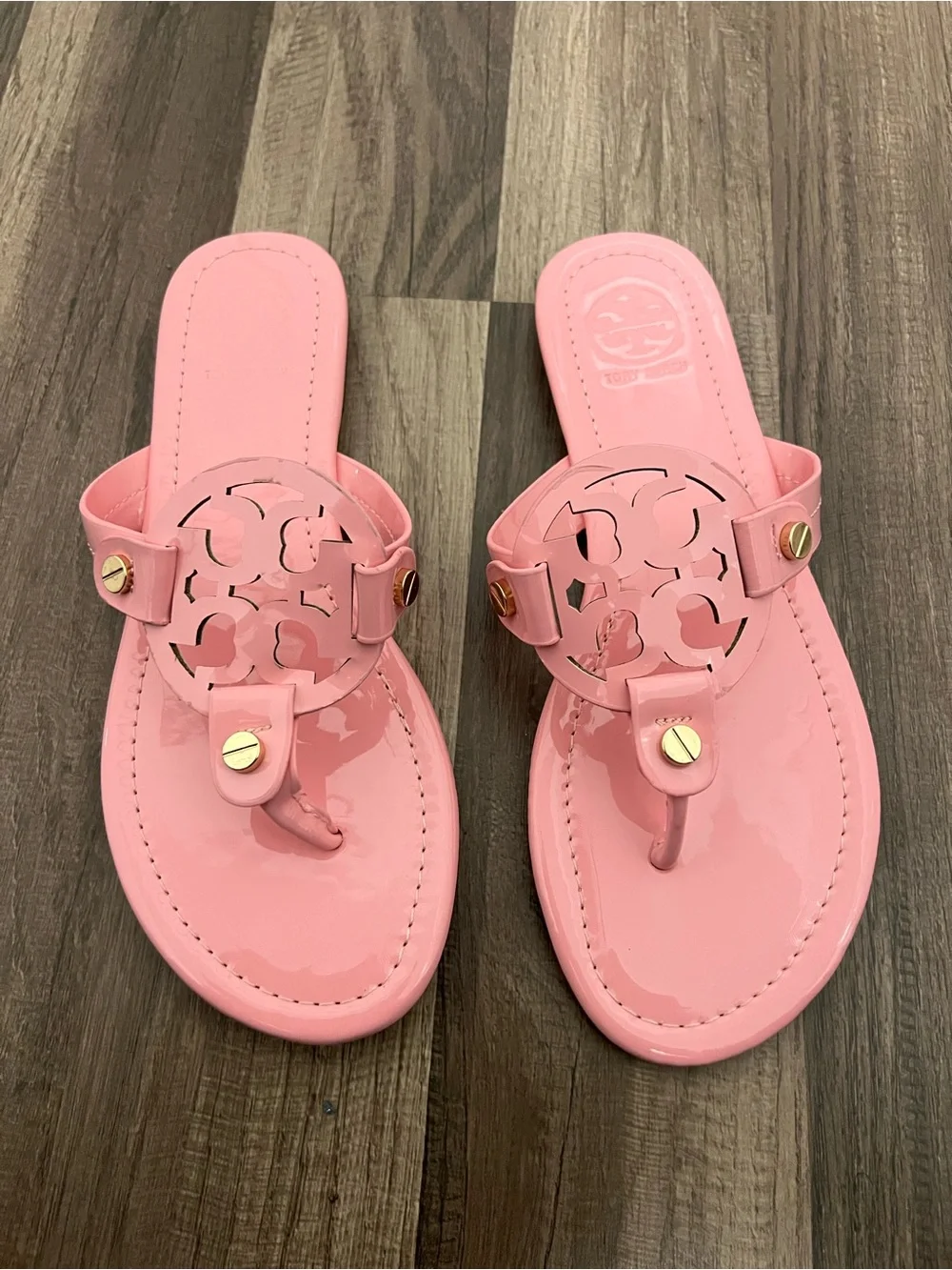 Tory Burch Pink Patent Logo Thong Sandals